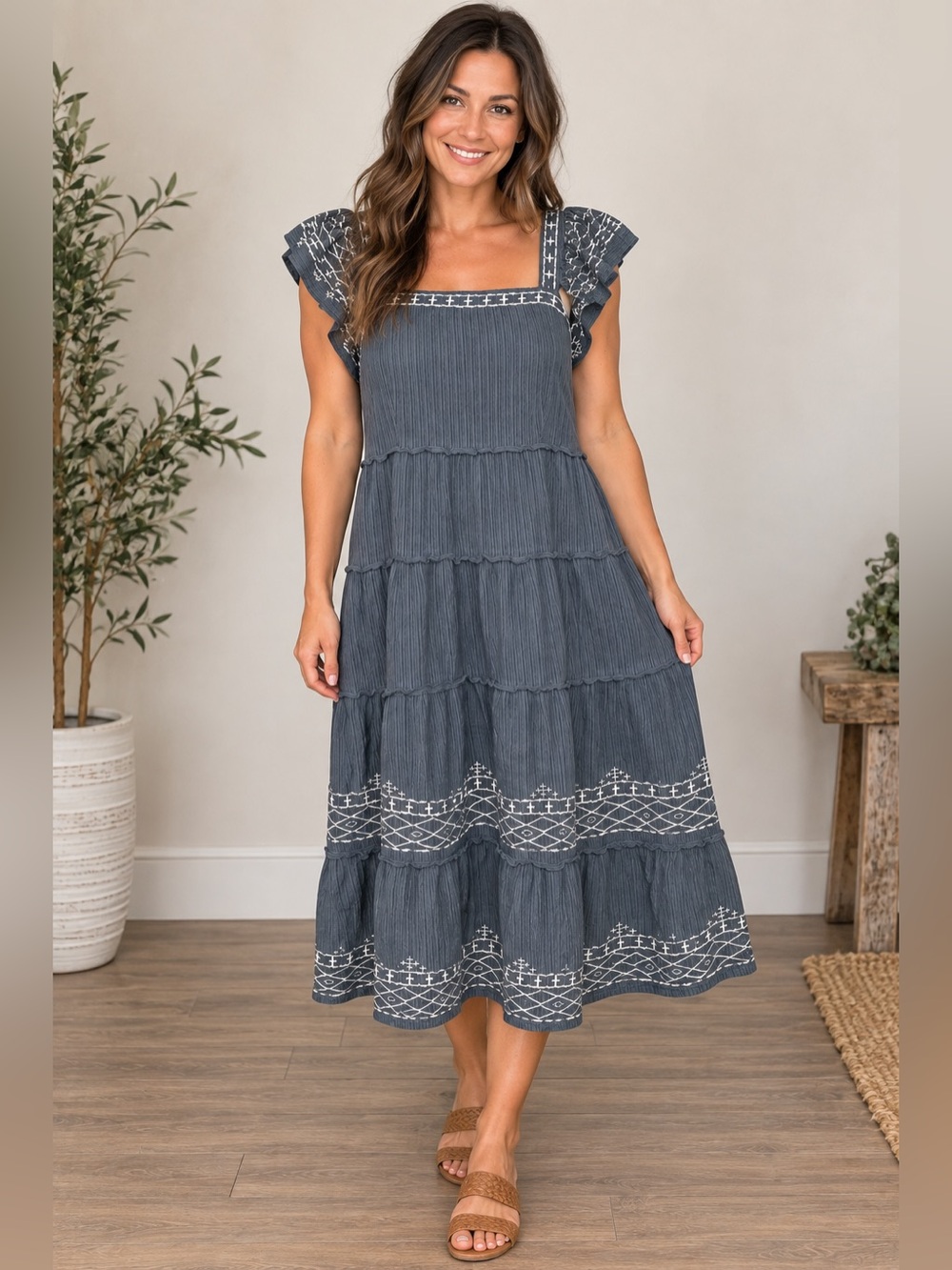 Knox Rose L Blue Gray Embroidered Tiered Midi Dress Ruffle Shoulder Boho A36